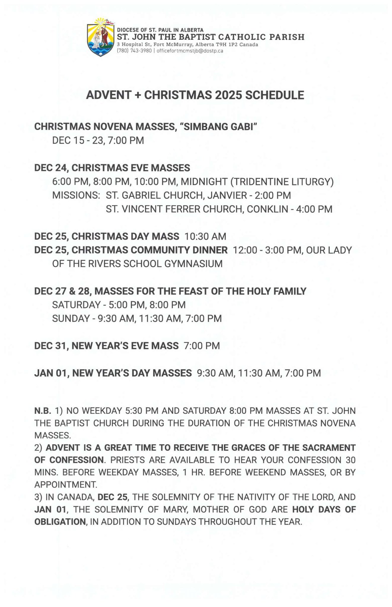 St John 2025 Mass Times
